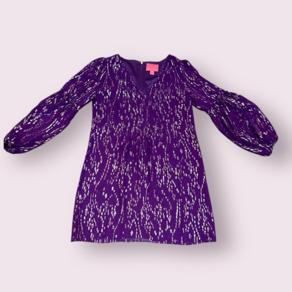 Lilly Pulitzer CLEME SILK DRESS Purple Berry Fish Clip Chiffon Gold‎ SZ 10 - Picture 4 of 4